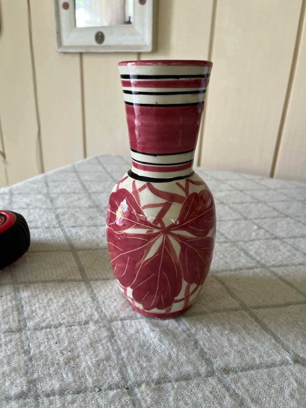 Hand-Painted Raspberry Color Floral Ceramic Vase - Unbranded. 8 inches tall.